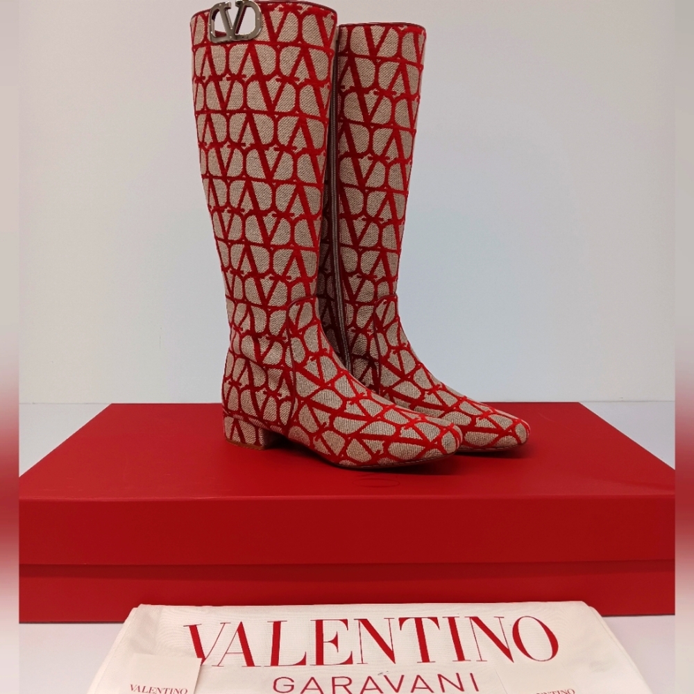 Valentino Garavani Women's Toile Iconographe VLogo Knee Hi Boots - EU39.5/US9.5